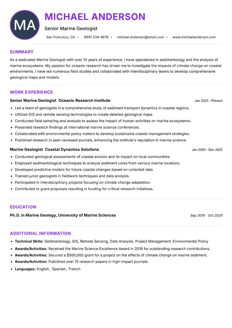 Marine Geologist Resume Preview Example