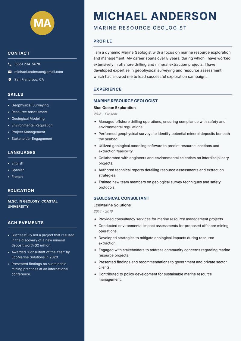 Marine Geologist Resume Preview Example