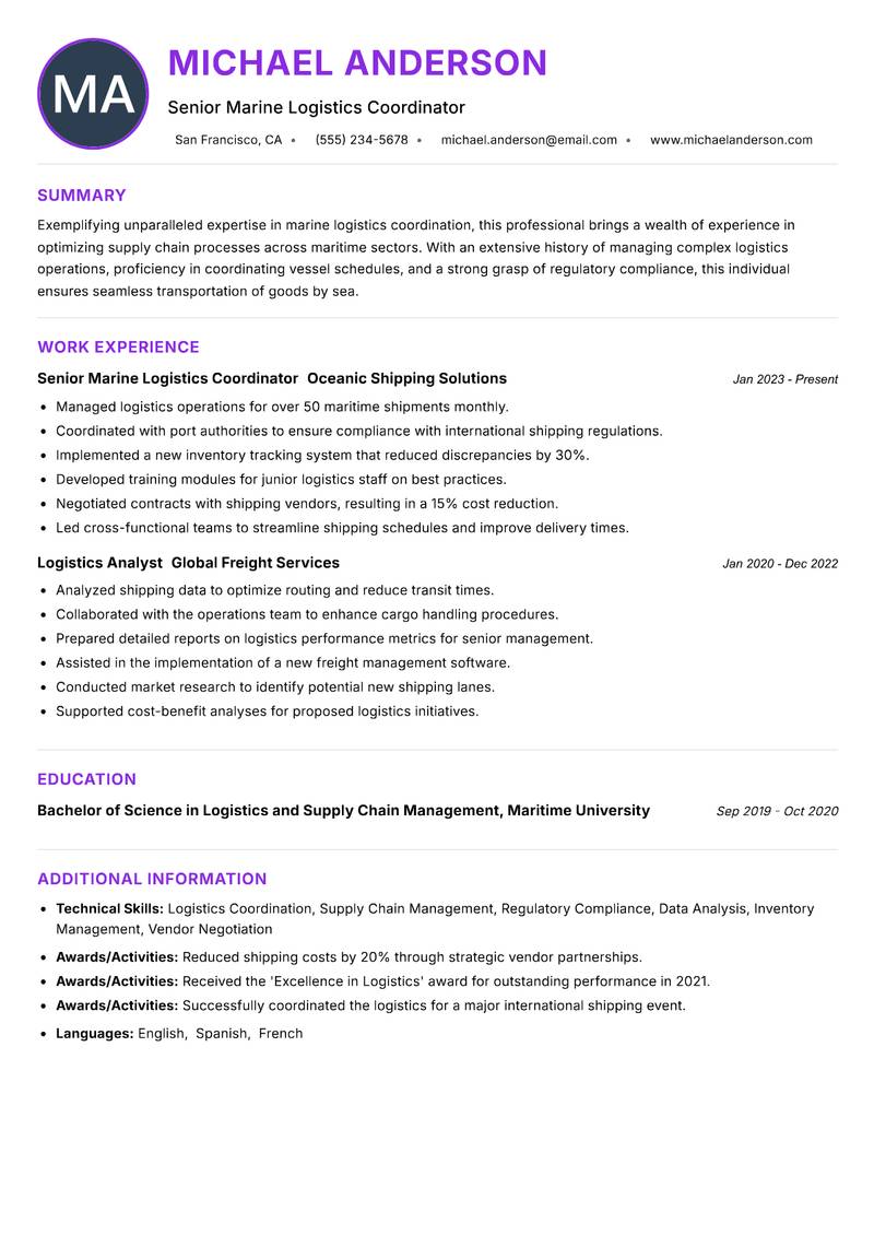 Marine Logistics Coordinator Resume Preview Example