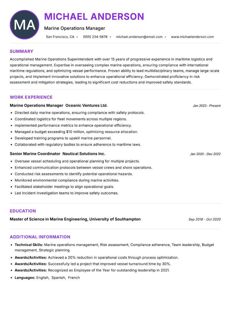 Marine Operations Superintendent Resume Preview Example