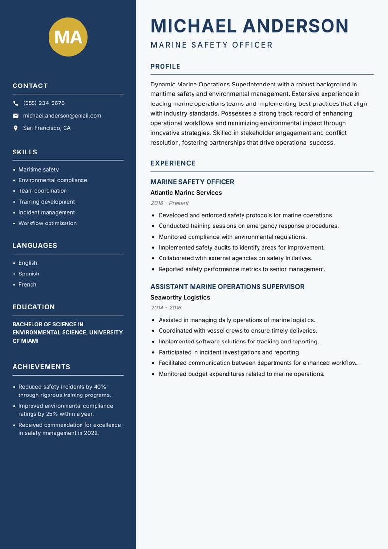 Marine Operations Superintendent Resume Preview Example