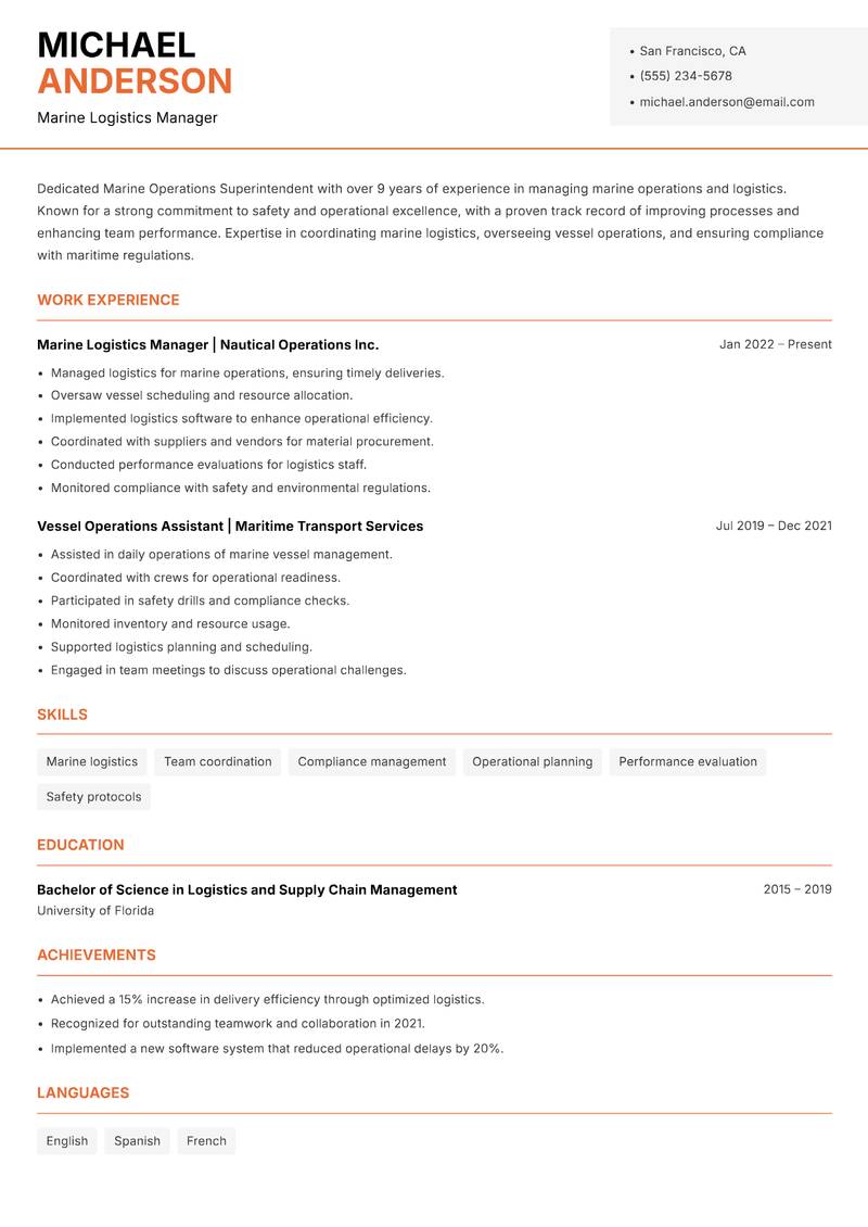 Marine Operations Superintendent Resume Template