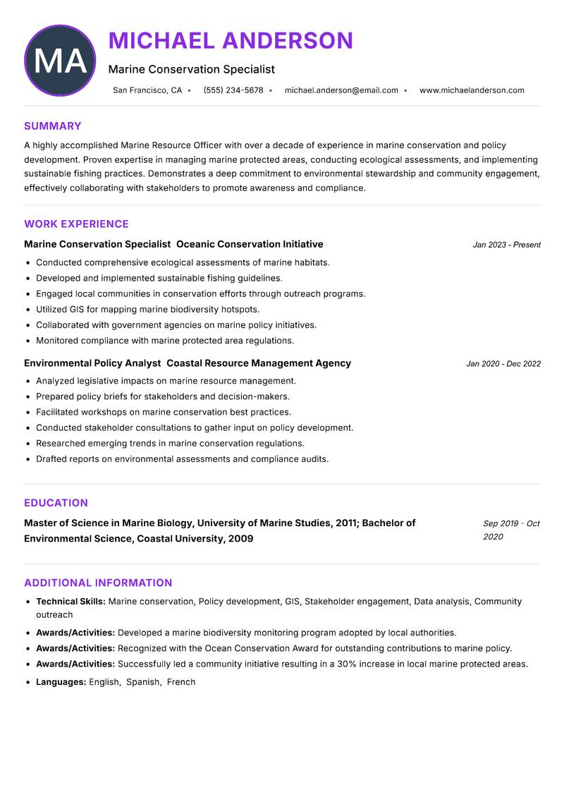 Marine Resource Officer Resume Preview Example