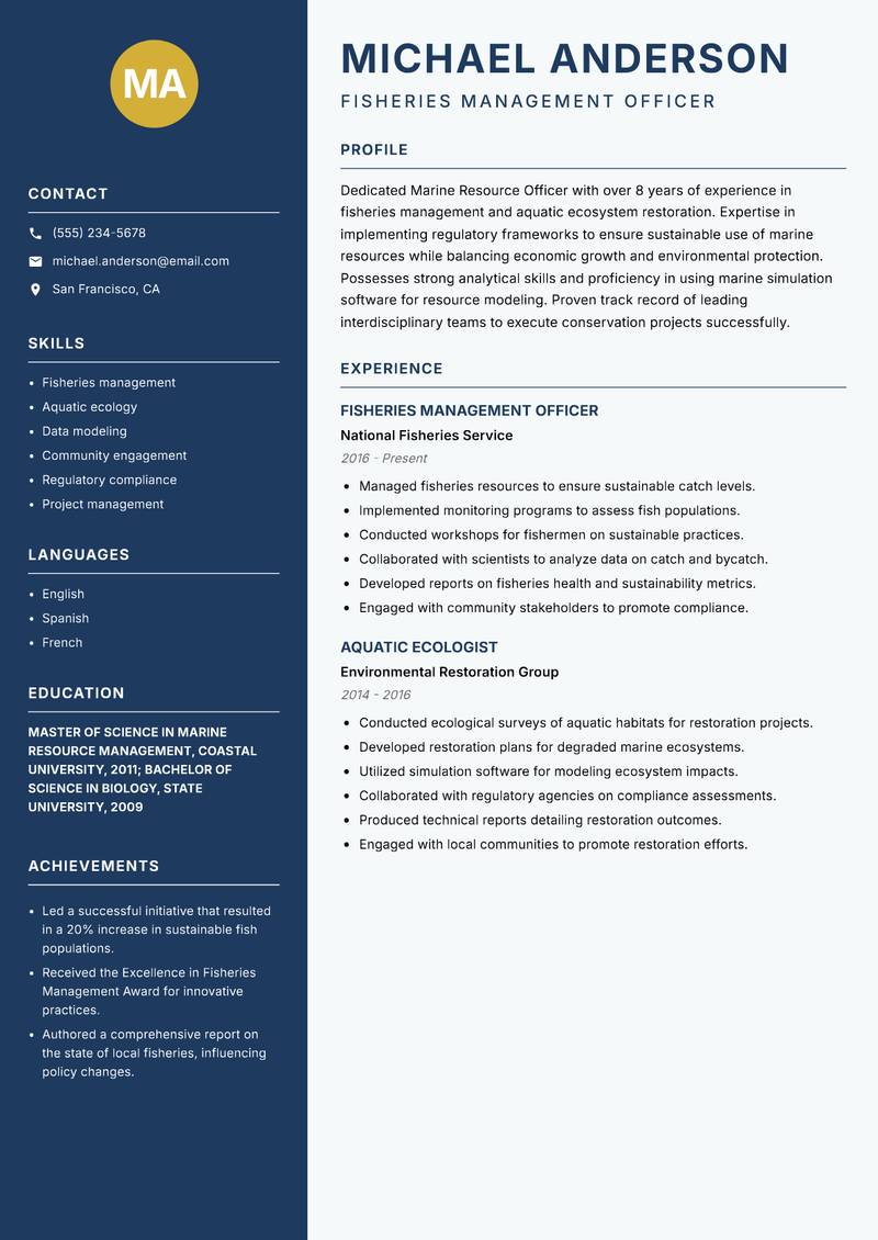 Marine Resource Officer Resume Preview Example