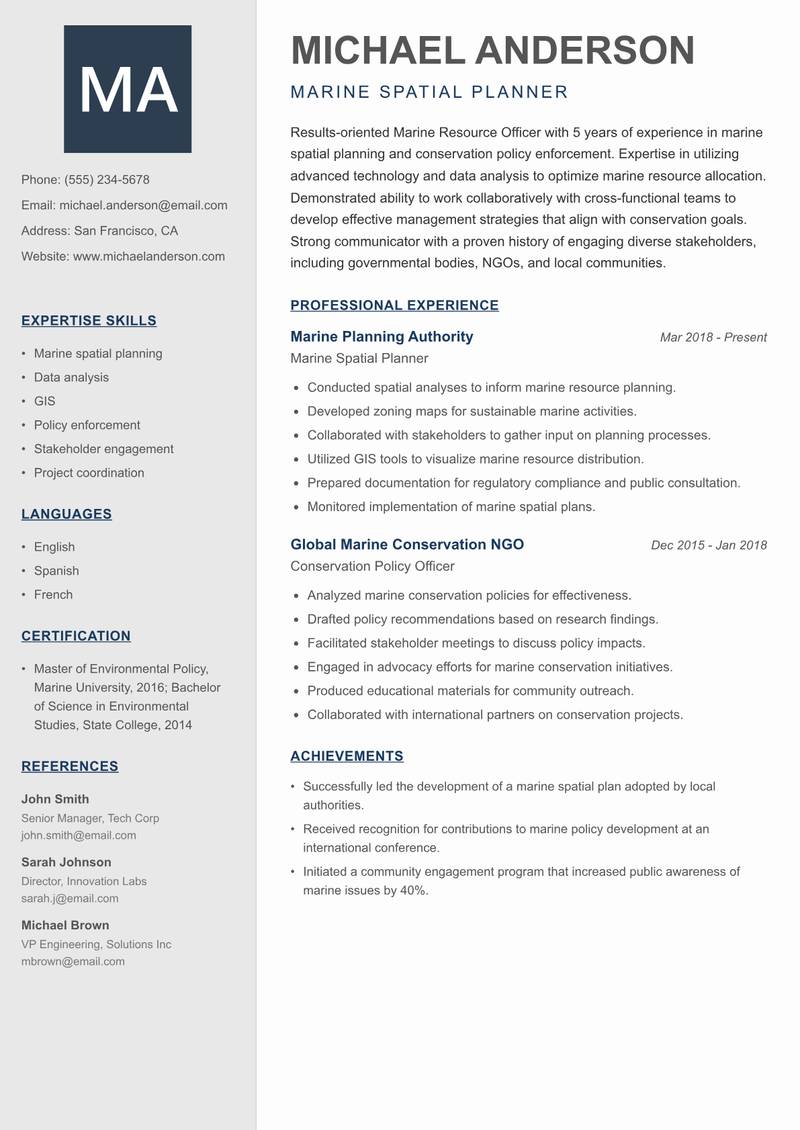 Marine Resource Officer Resume Preview Example