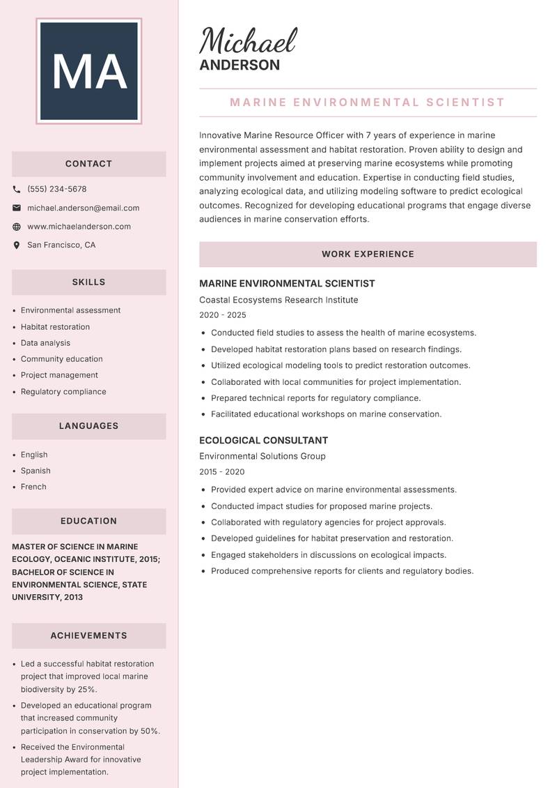 Marine Resource Officer Resume Preview Example