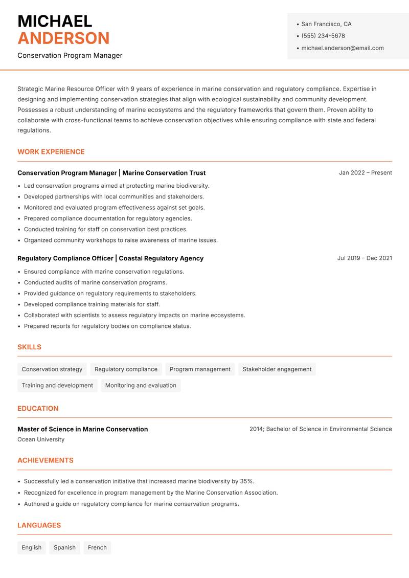 Marine Resource Officer Resume Template
