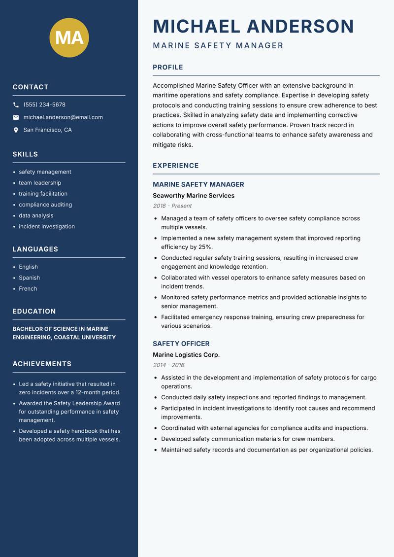 Marine Safety Officer Resume Preview Example