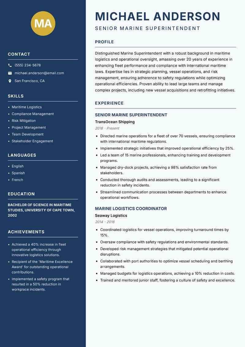 Marine Superintendent Resume Preview Example