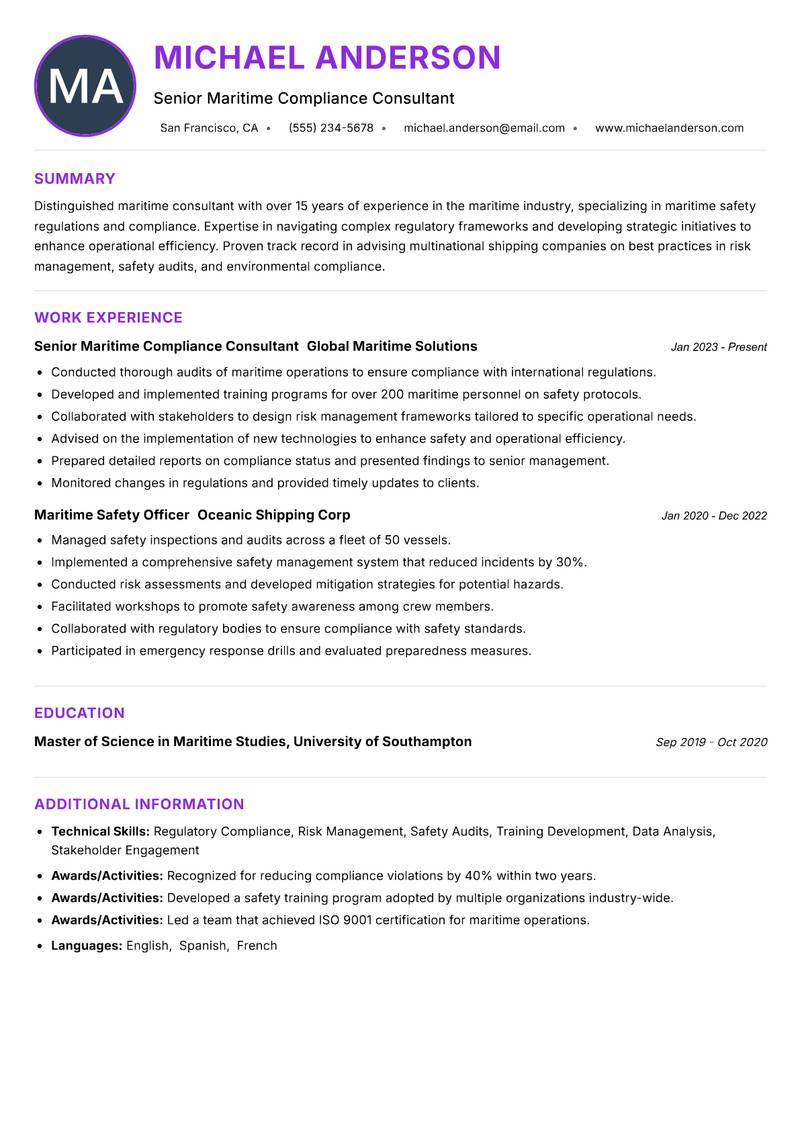 Maritime Consultant Resume Preview Example