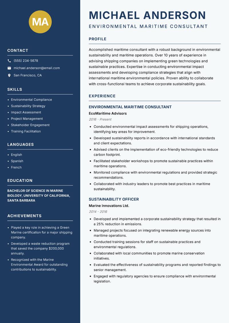 Maritime Consultant Resume Preview Example