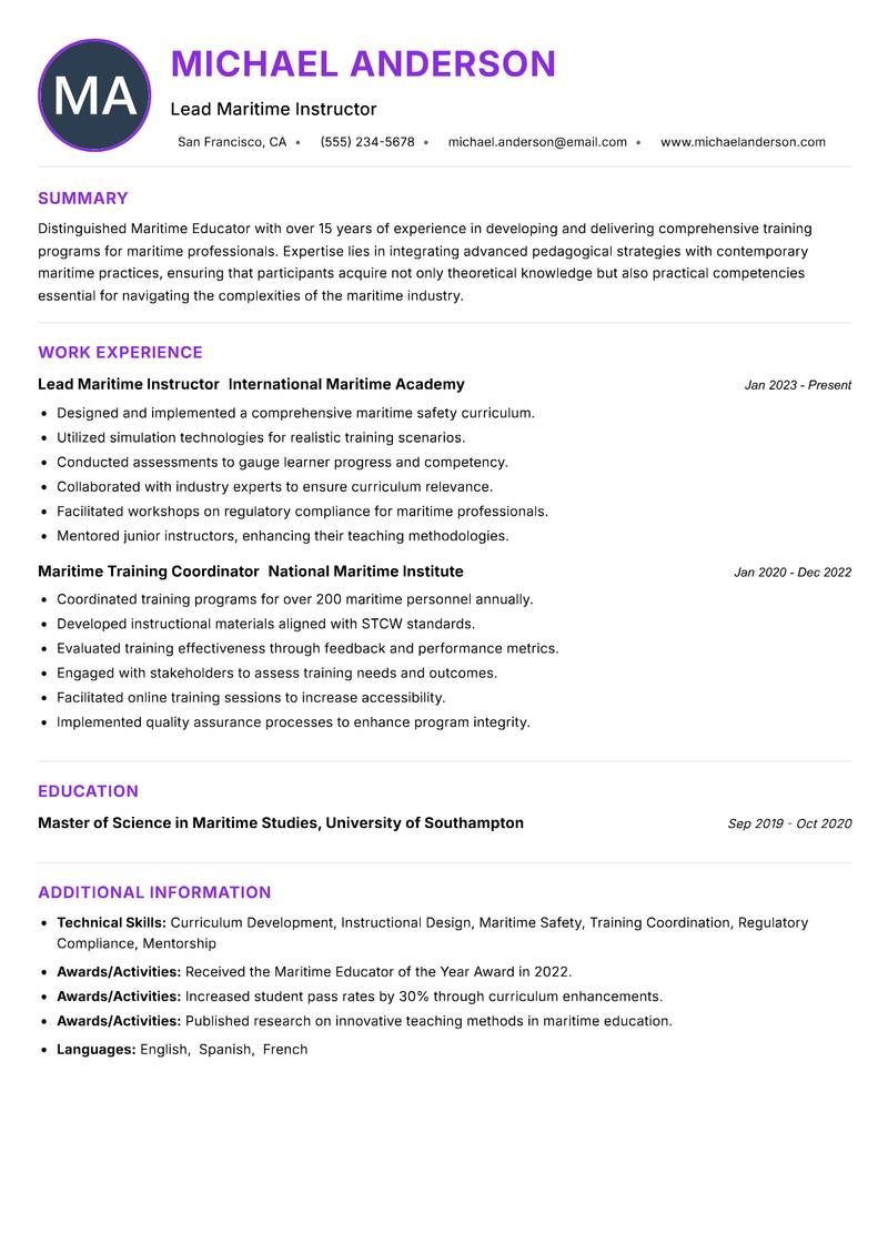 Maritime Educator Resume Preview Example