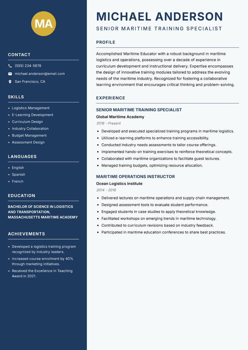 Maritime Educator Resume Preview Example