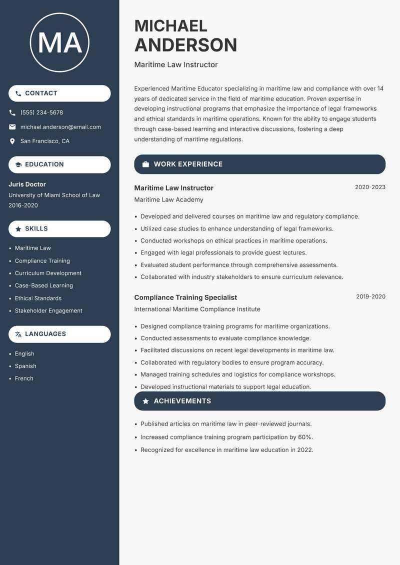 Maritime Educator Resume Preview Example