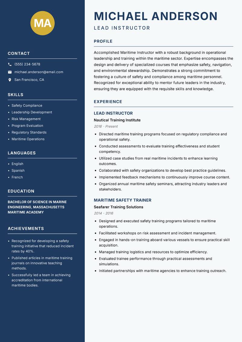 Maritime Instructor Resume Preview Example