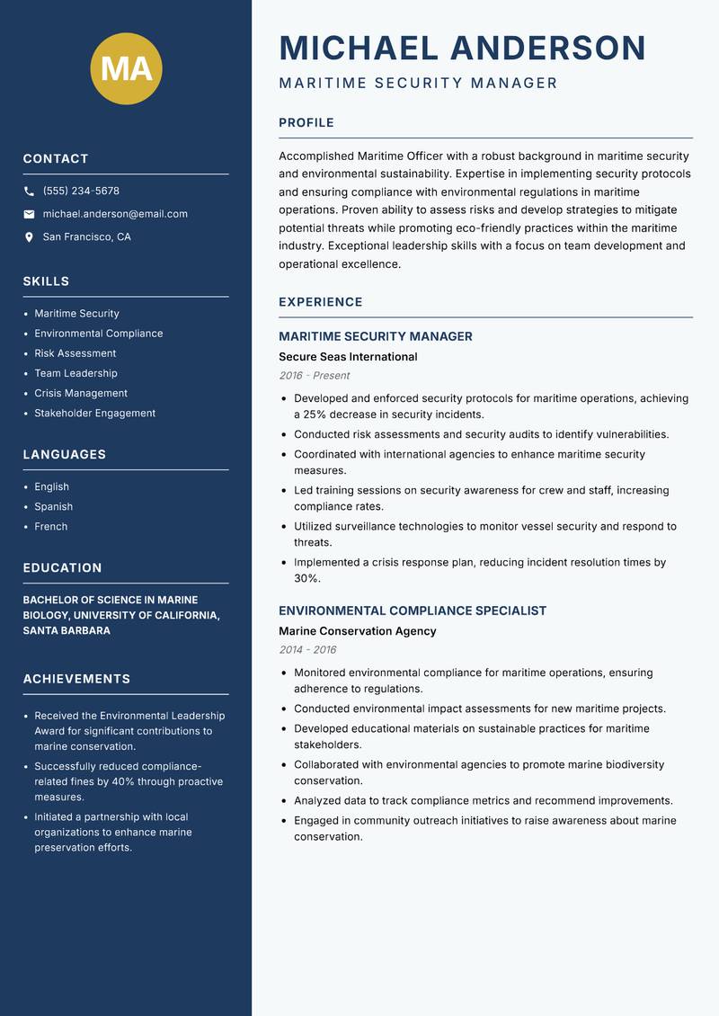 Maritime Officer Resume Preview Example