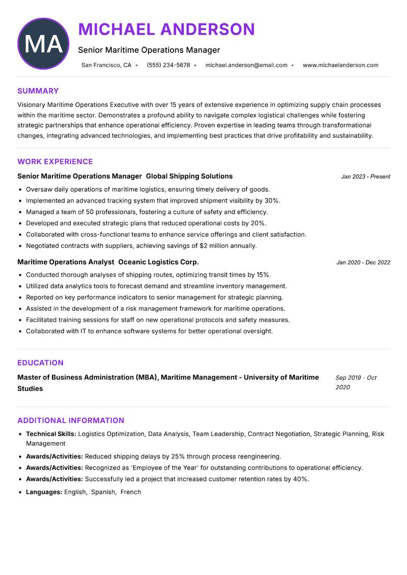 Maritime Operations Executive Resume Preview Example