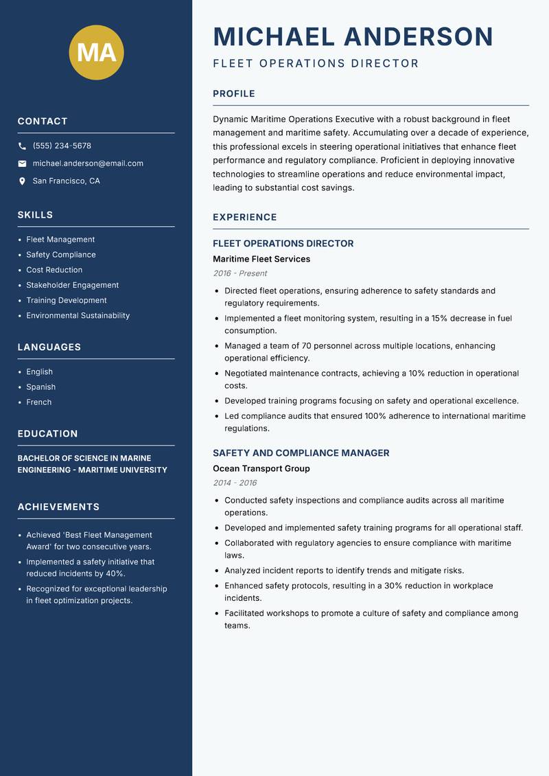 Maritime Operations Executive Resume Preview Example