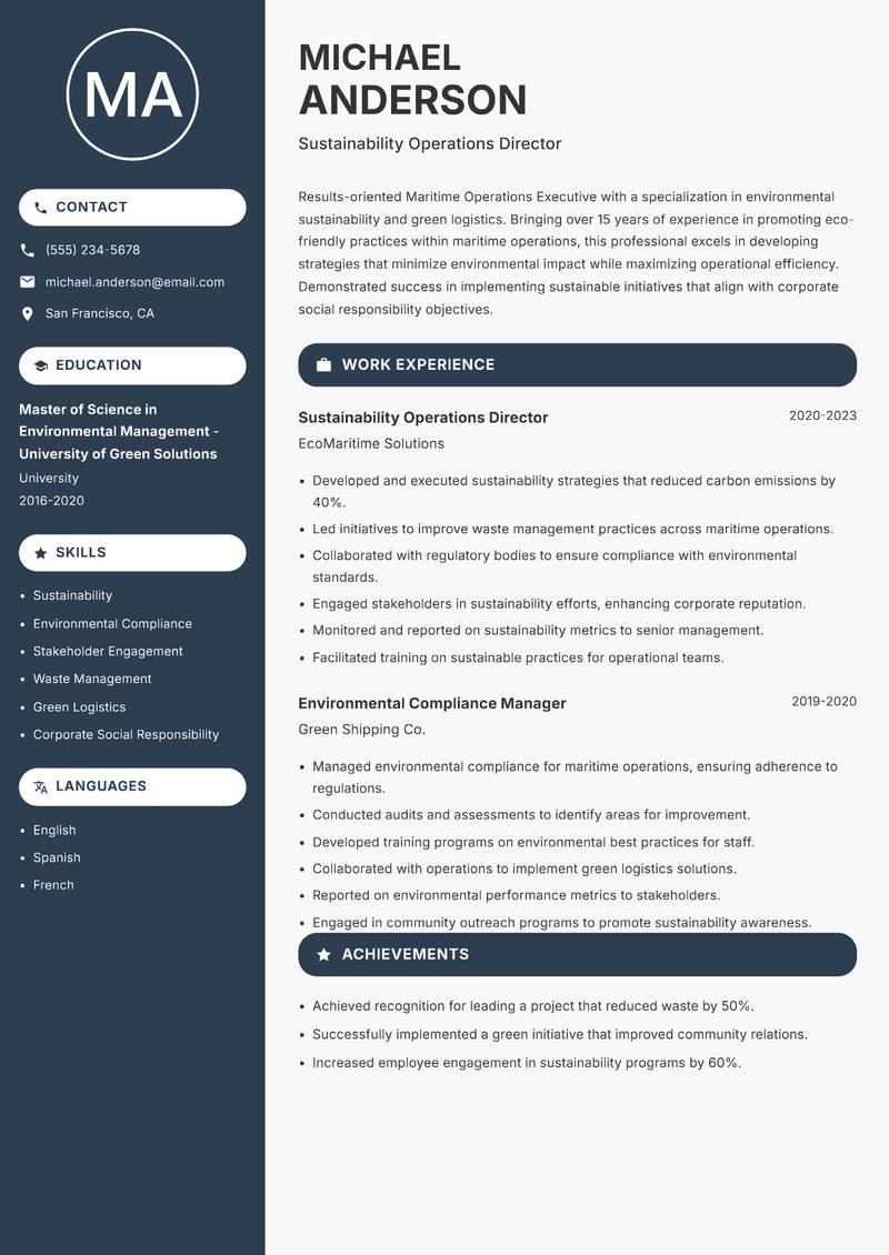 Maritime Operations Executive Resume Preview Example