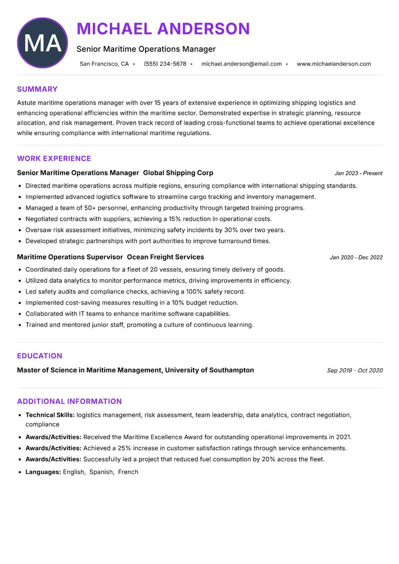 Maritime Operations Manager Resume Preview Example