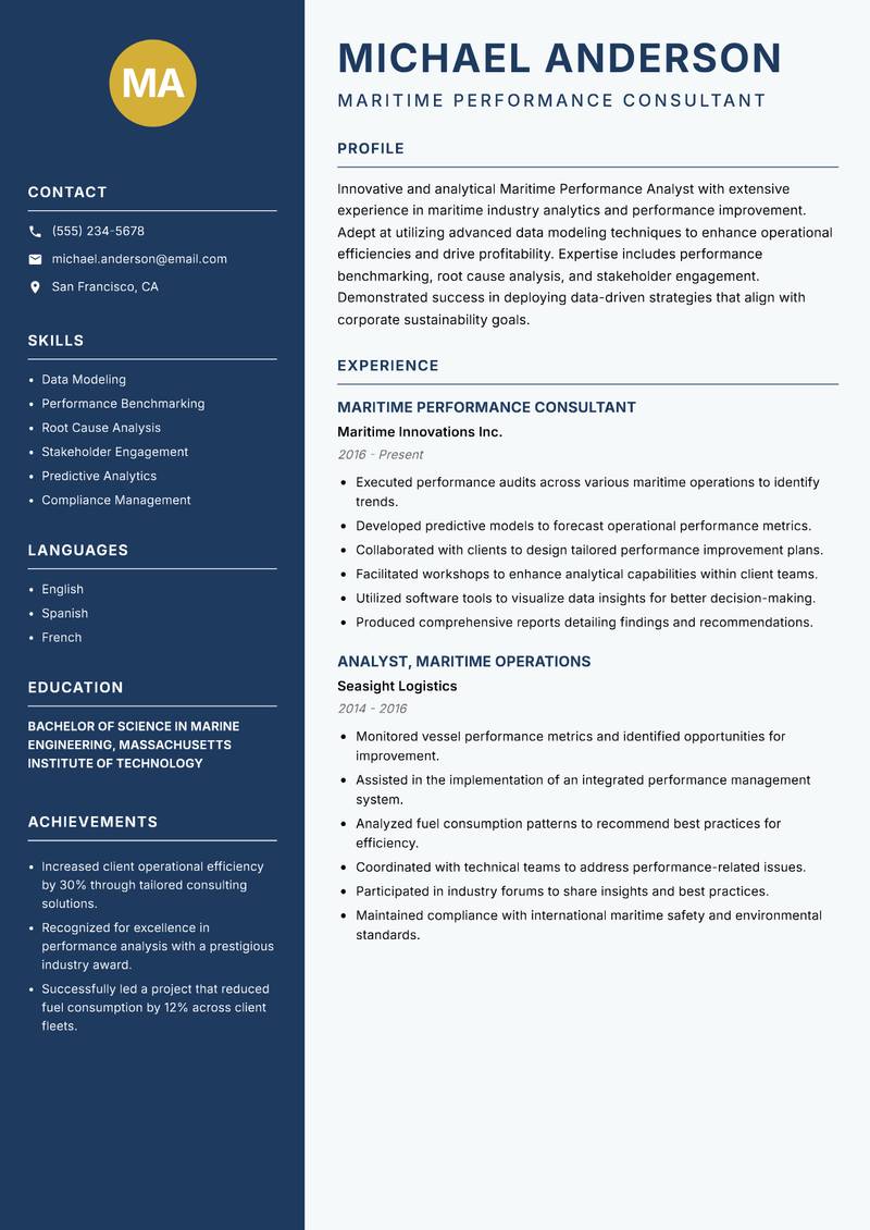 Maritime Performance Analyst Resume Preview Example