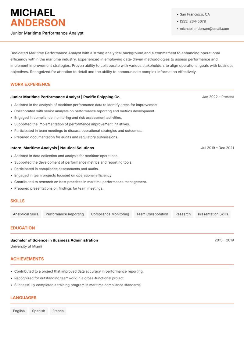 Maritime Performance Analyst Resume Template