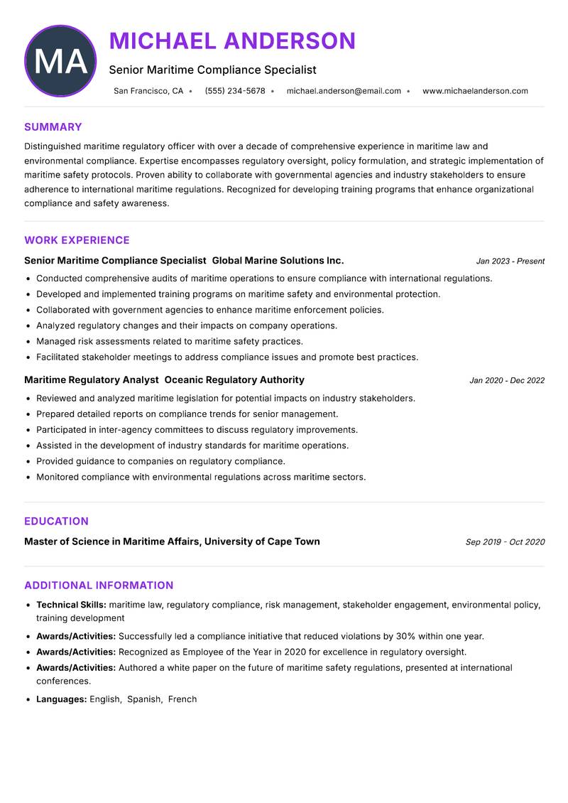 Maritime Regulatory Officer Resume Preview Example