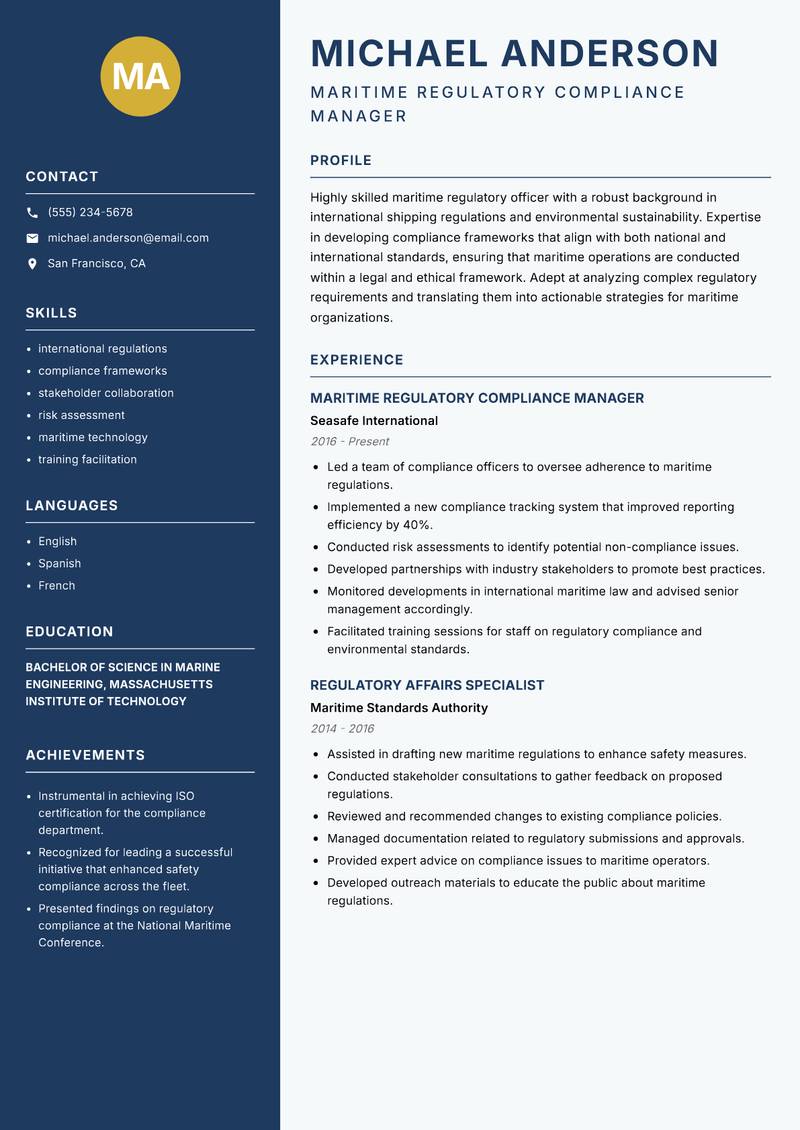 Maritime Regulatory Officer Resume Preview Example
