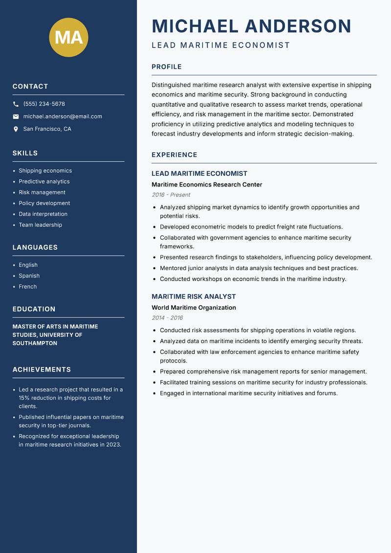 Maritime Research Analyst Resume Preview Example