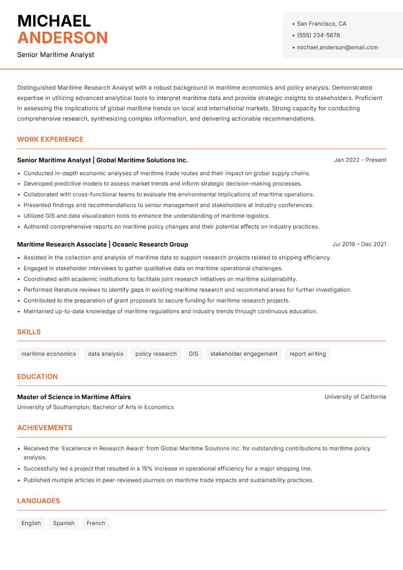Maritime Research Analyst Resume Template