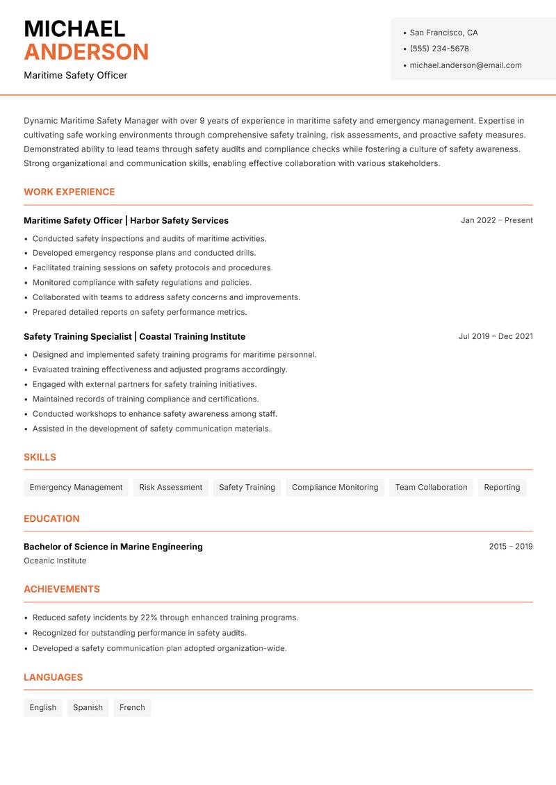 Maritime Safety Manager Resume Template
