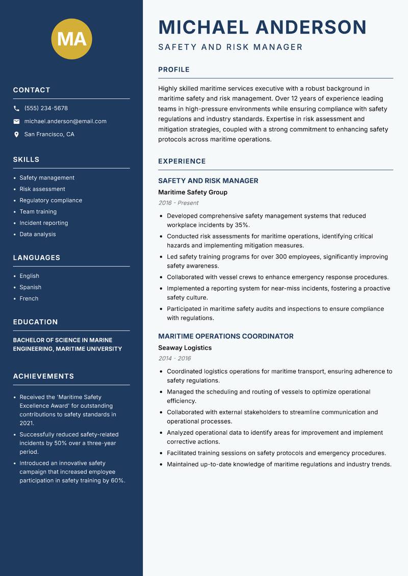 Maritime Services Executive Resume Preview Example