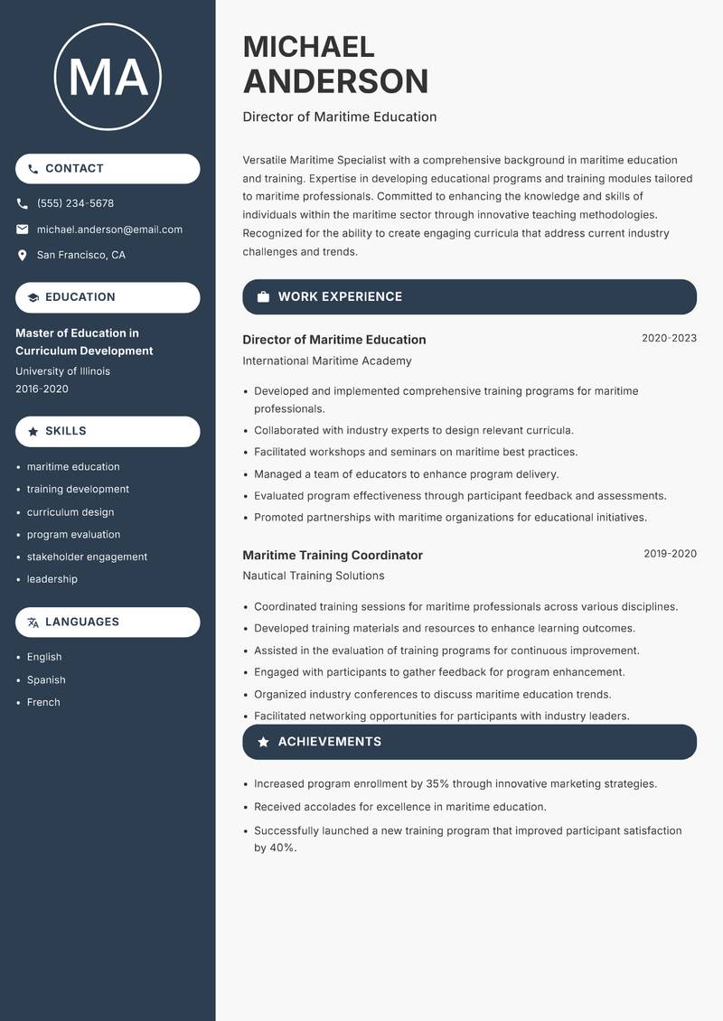 Maritime Specialist Resume Preview Example