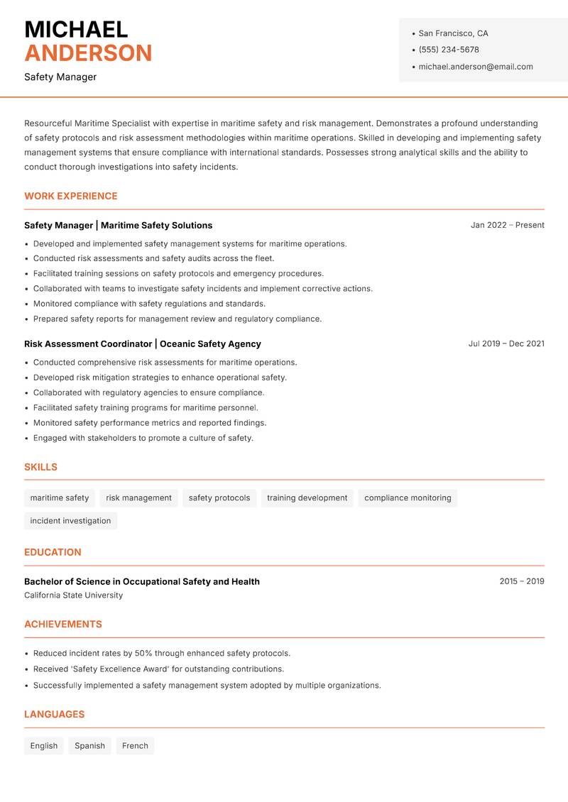 Maritime Specialist Resume Template