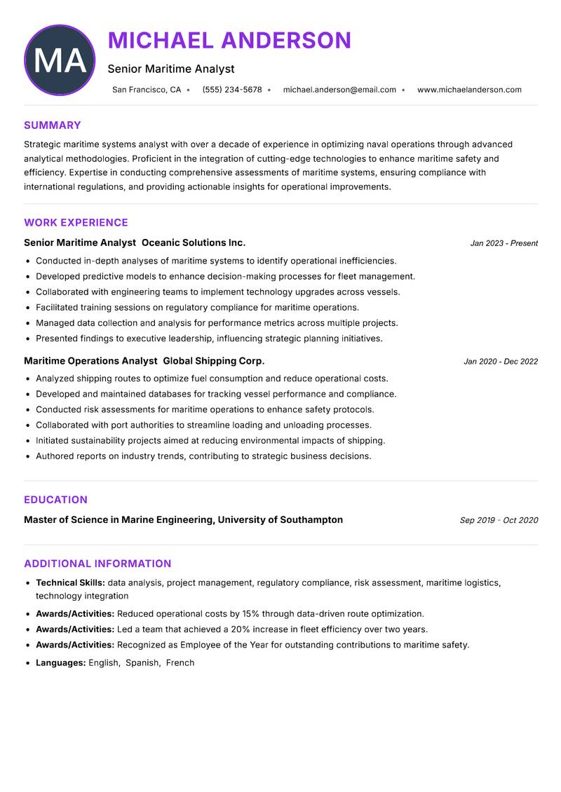 Maritime Systems Analyst Resume Preview Example