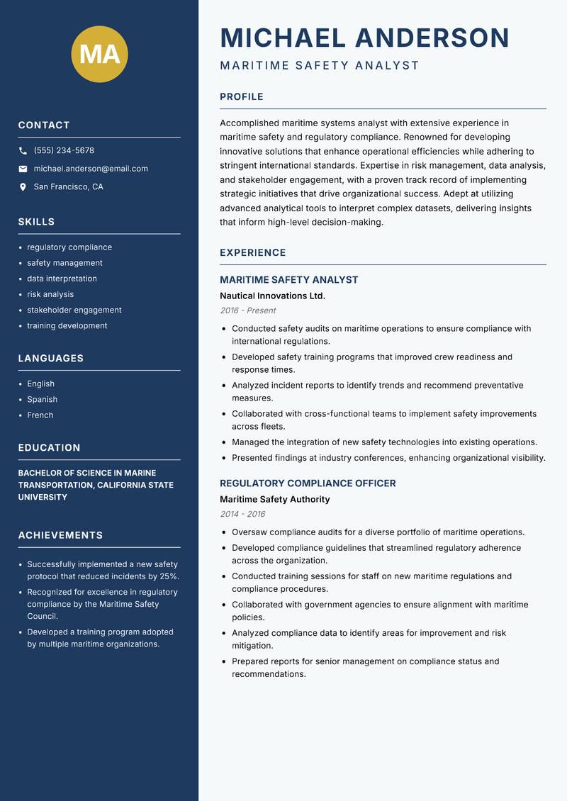 Maritime Systems Analyst Resume Preview Example