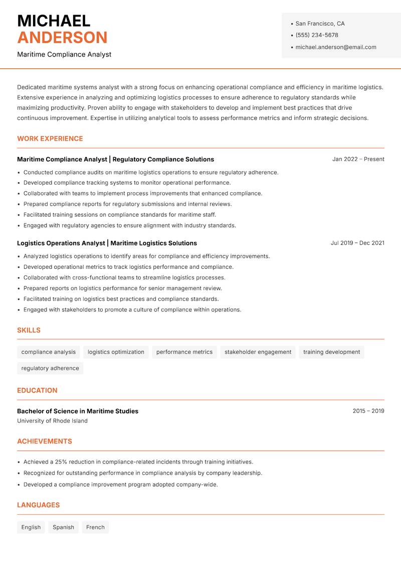 Maritime Systems Analyst Resume Template