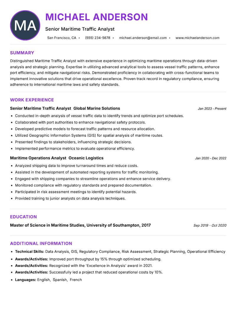 Maritime Traffic Analyst Resume Preview Example