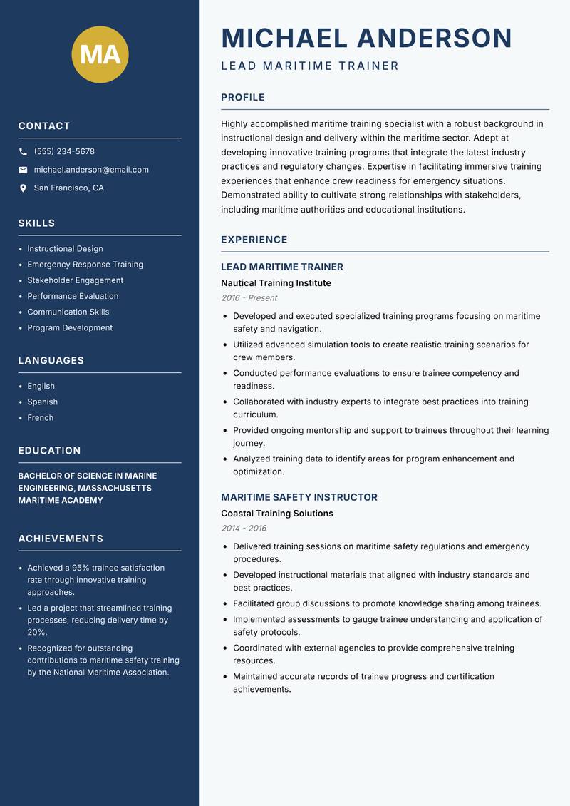 Maritime Trainer Resume Preview Example