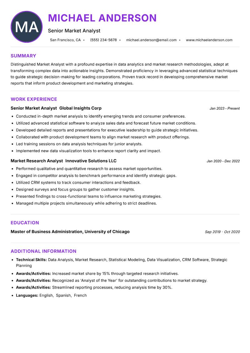 Market Analyst Resume Preview Example