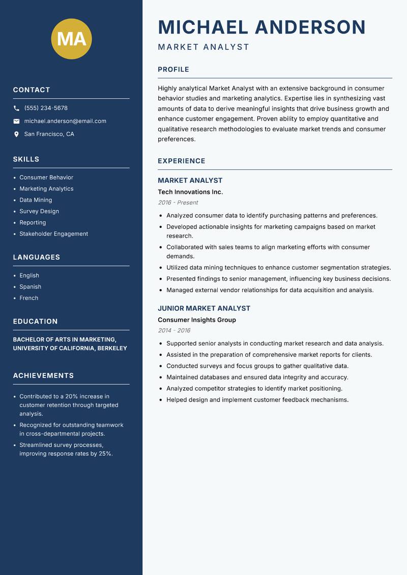 Market Analyst Resume Preview Example