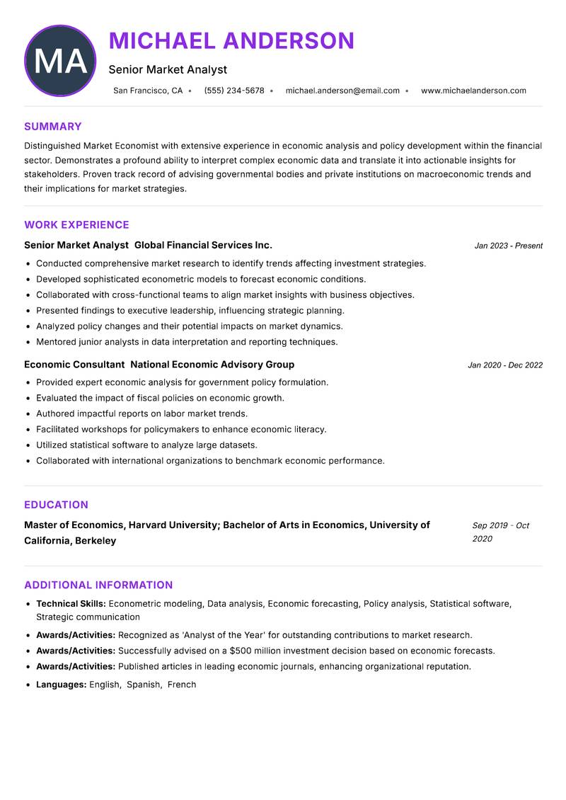 Market Economist Resume Preview Example