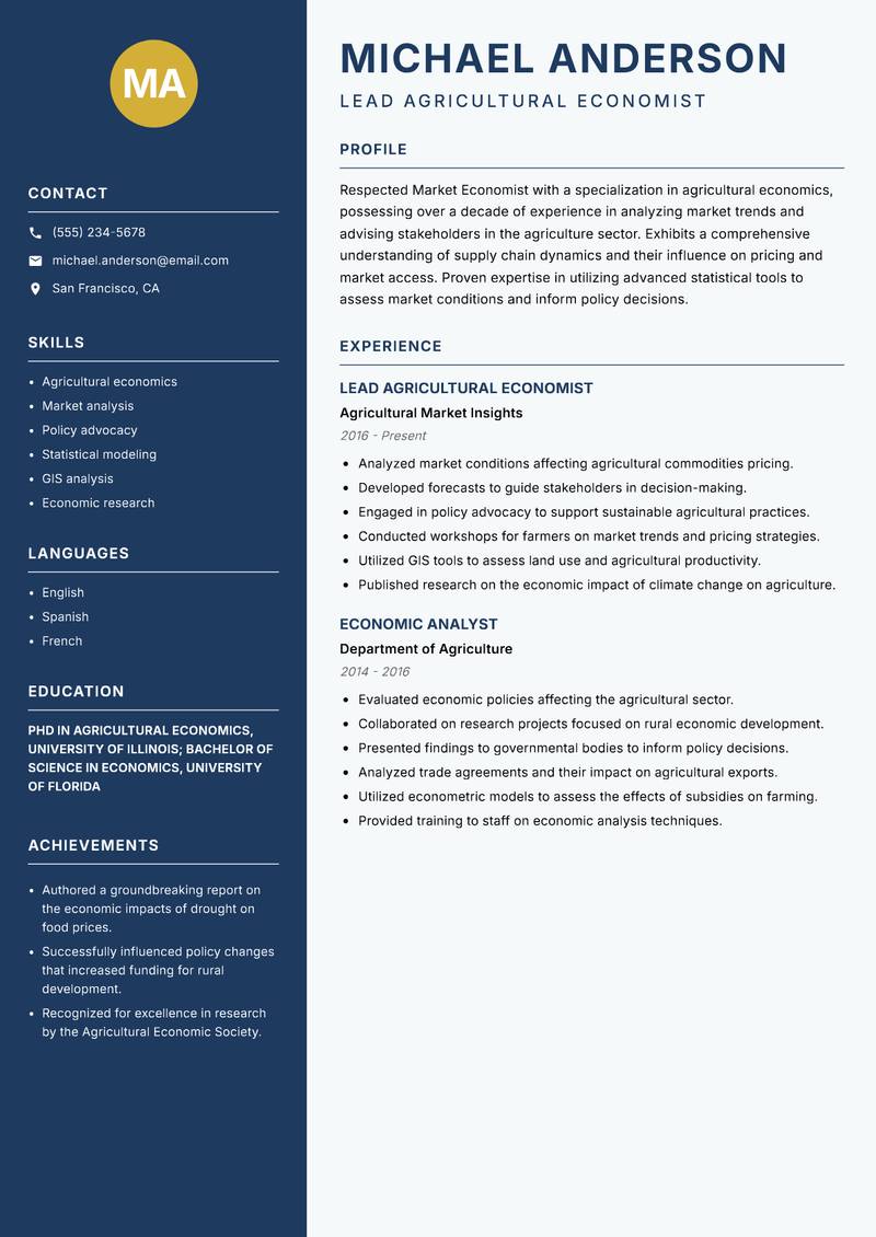 Market Economist Resume Preview Example