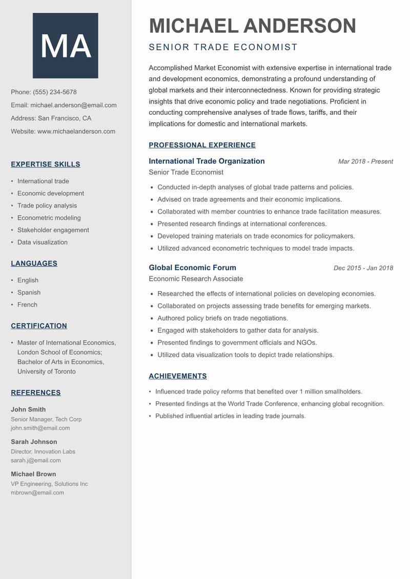 Market Economist Resume Preview Example