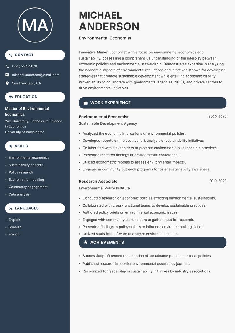 Market Economist Resume Preview Example