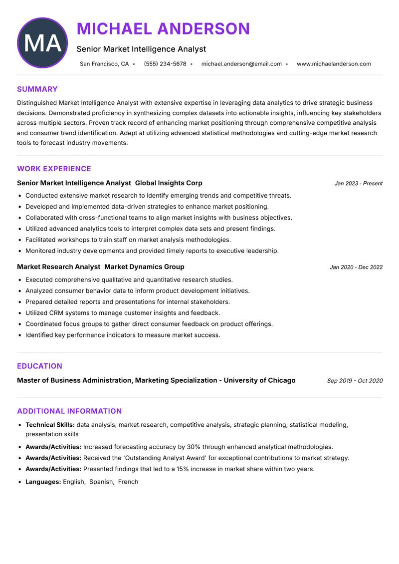 Market Intelligence Analyst Resume Preview Example