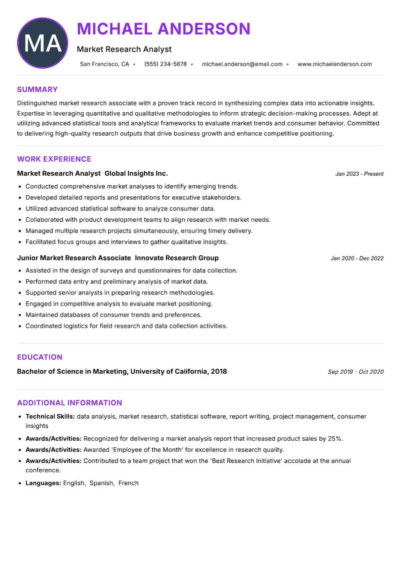 Market Research Associate Resume Preview Example