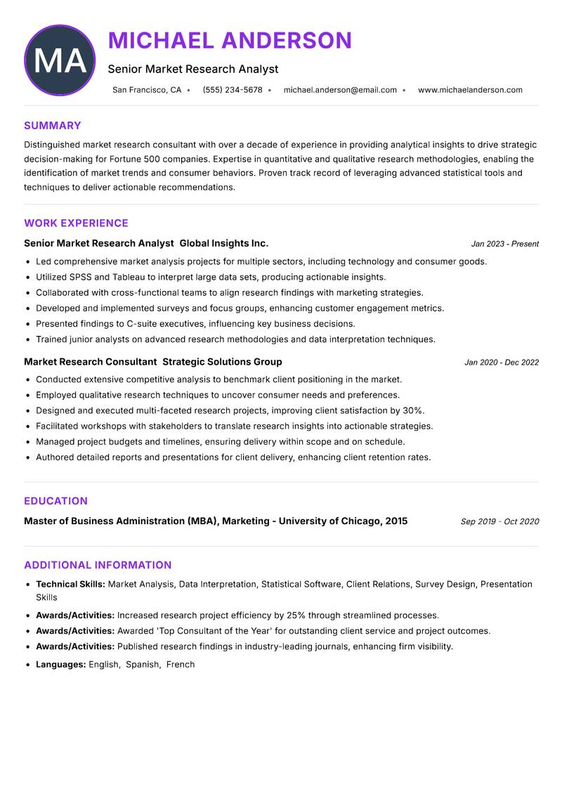 Market Research Consultant Resume Preview Example