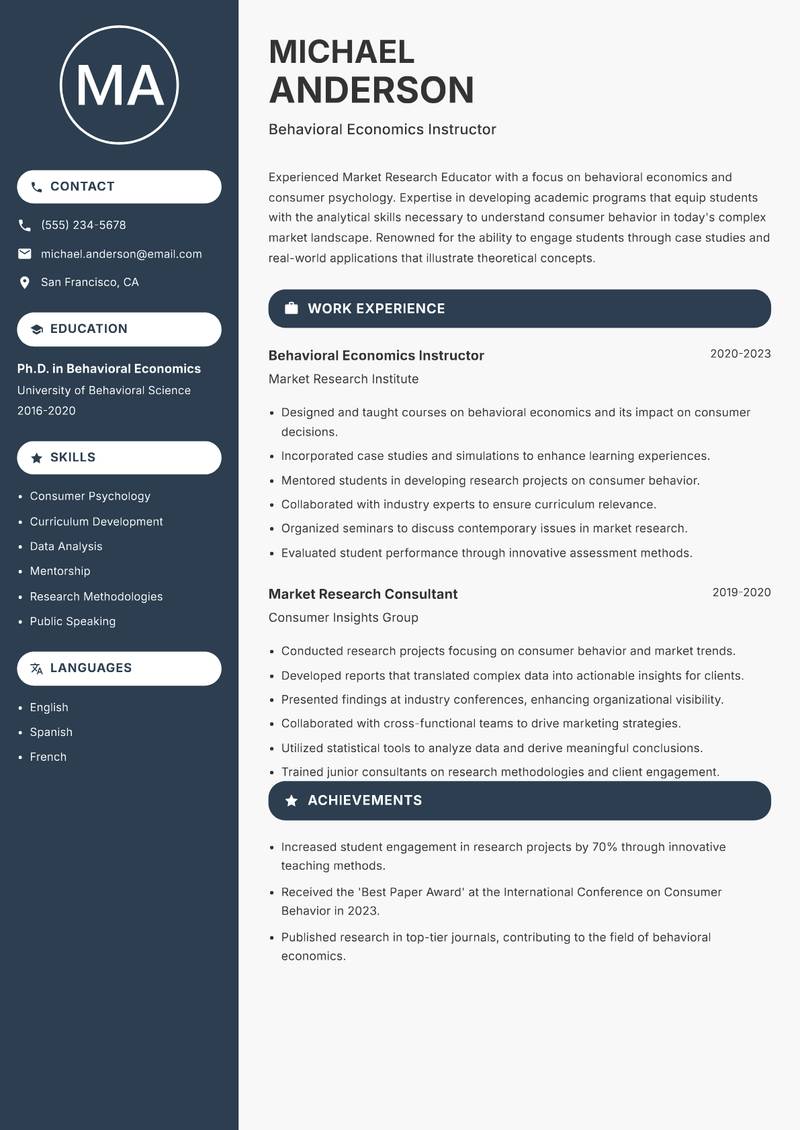 Market Research Educator Resume Preview Example