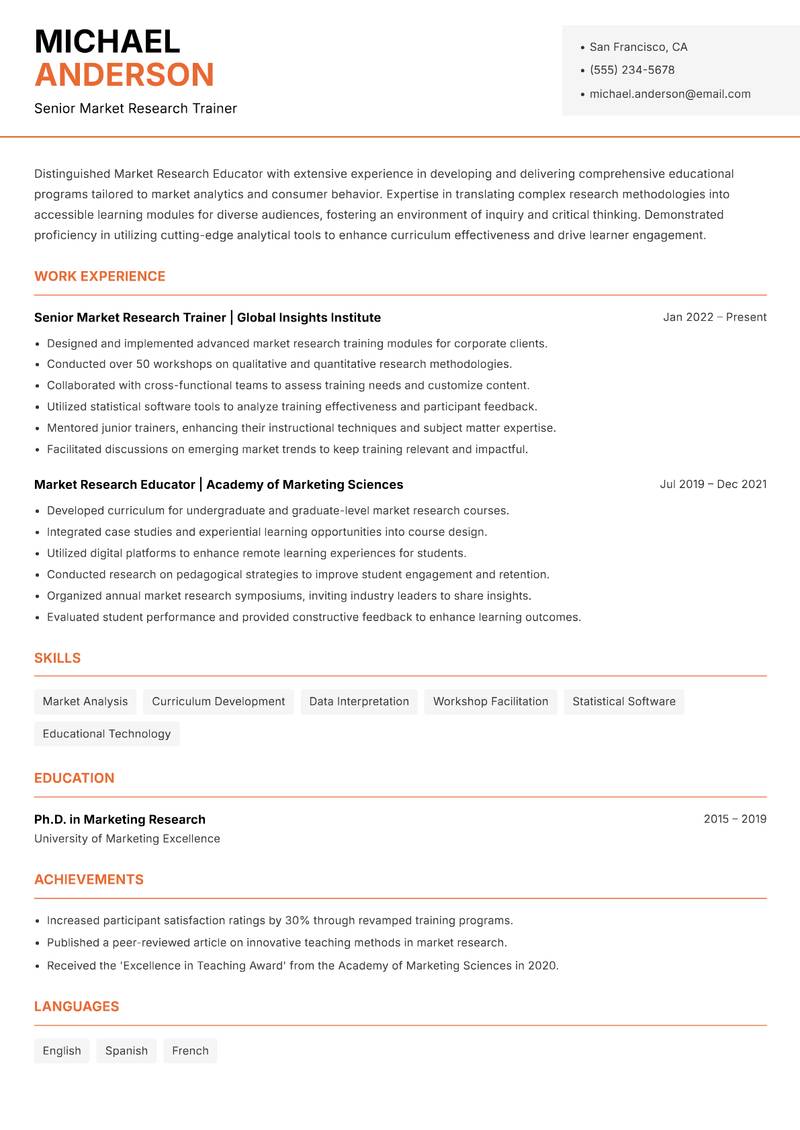 Market Research Educator Resume Template